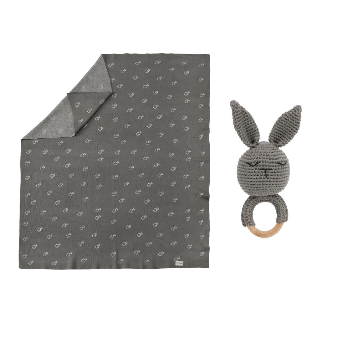 Patterned Blanket Ring Rabbit Set Gray