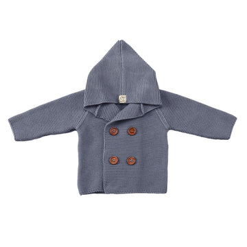 Double Breasted Hooded Organic Cotton Baby and Child Cardigan Blue
